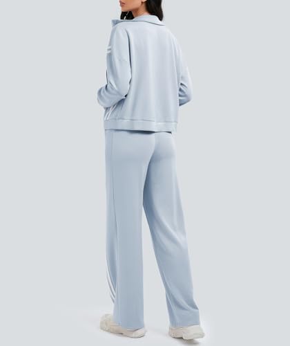 Women's 2 Piece Lounge Outfits Zip Up Sweat Set Contrast Striped Wide Leg Jogging Pants Travel Track Suit - Image 5