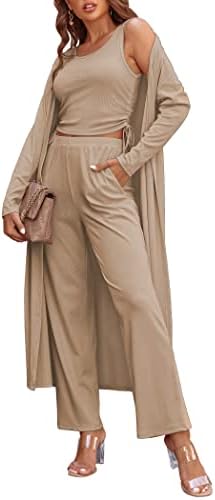 Ekouaer Women's 3 Piece Knit Lounge Set Pajama Long Sleeve Cardigan Sleeveless Top Pants Sweatsuit S-XXL