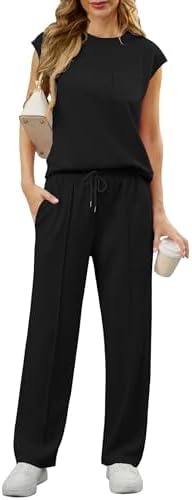 GRECERELLE 2 Piece Sets For Women Summer 2025 Outfits Lounge Sets Sleeveless Sweatsuits Wide Leg Tracksuits With Pockets