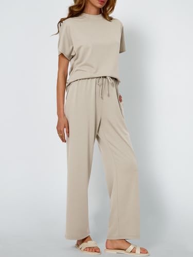 AUTOMET Women's Mock Neck 2 Piece Lounge Set Matching Summer Loose Fit Wide Leg Pants Set - Image 3