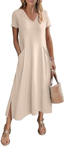 ANRABESS Women's Summer Casual Short Sleeve Long T Shirts Maxi Dresses V Neck Split 2025 Beach Vacation Dress with Pockets