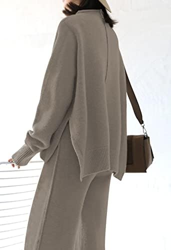 Meenew Women's High Neck 2 Piece Sweatsuit Long Sleeve Knit Sweater Tops Wide Leg Pants Set Outfits - Image 5