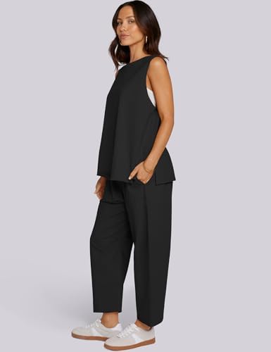 UEU Women's Summer 2 Piece Outfits Casual Sleeveless Crew Neck Tank Top Cropped Harem Pants Matching Travel Beach Lounge Sets - Image 5