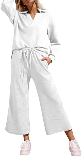 SHEWIN 2 Piece Sets for Women Collared V Neck Long Sleeve Polo Shirts Tops Lounge Set Tracksuits Sweatsuits