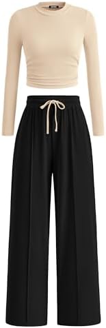 BTFBM Casual 2 Piece Sets For Women Spring Outfits 2025 Long Sleeve Crop Top Wide Leg Pants Summer Matching Lounge Set