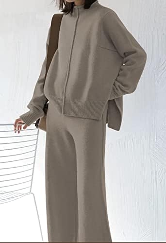 Meenew Women's High Neck 2 Piece Sweatsuit Long Sleeve Knit Sweater Tops Wide Leg Pants Set Outfits - Image 4