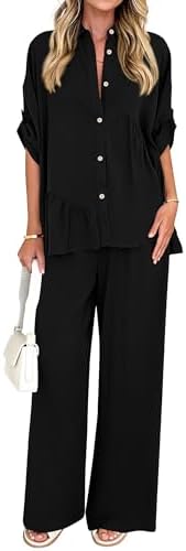 KIRUNDO Two Piece Sets for Women Summer Outfits 2025 Dressy Casual Half Sleeve Button Down Shirt Wide Leg Pants Lounge Set