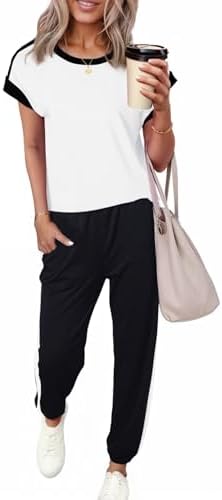 Dokotoo Women's 2 Piece Outfits Sweatsuit Colorblock Comfy Lounge Sets Knit Short Sleeve Jogger Sweatpants Tracksuits