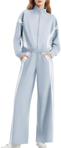 Women's 2 Piece Lounge Outfits Zip Up Sweat Set Contrast Striped Wide Leg Jogging Pants Travel Track Suit