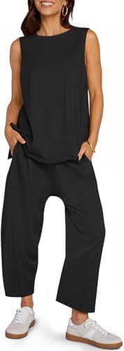 UEU Women's Summer 2 Piece Outfits Casual Sleeveless Crew Neck Tank Top Cropped Harem Pants Matching Travel Beach Lounge Sets