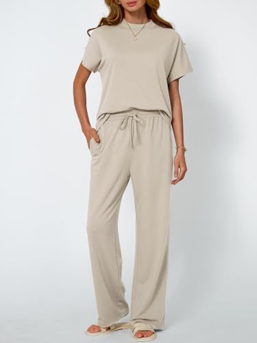 AUTOMET Women's Mock Neck 2 Piece Lounge Set Matching Summer Loose Fit Wide Leg Pants Set - Image 2