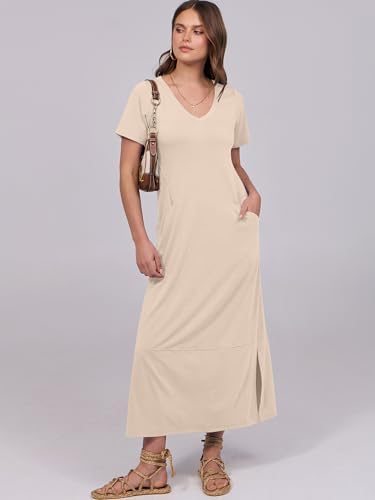 ANRABESS Women's Summer Casual Short Sleeve Long T Shirts Maxi Dresses V Neck Split 2025 Beach Vacation Dress with Pockets - Image 3