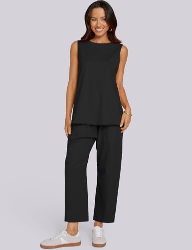 UEU Women's Summer 2 Piece Outfits Casual Sleeveless Crew Neck Tank Top Cropped Harem Pants Matching Travel Beach Lounge Sets - Image 6
