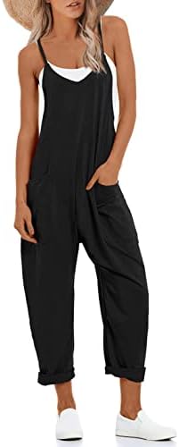 Lentta Women's Causal Jumpsuits V Neck Sleeveless Harem Overalls Stretchy Adjustable Strap Romper with Pockets