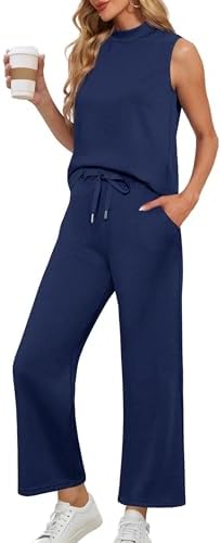 Lepunuo Two Piece Sets for Women Summer Mock Neck Sleeveless Top Wide Leg Pants Lounge Sets Vacation Travel Outfits