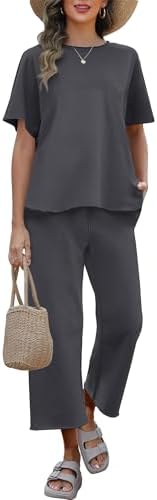 ANRABESS Women's 2 Piece Outfits 3/4 Batwing Sleeve Top Wide Leg Crop Pants Sets 2025 Summer Beach Travel Lounge Set Clothes