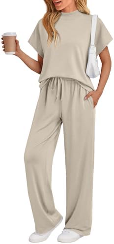 AUTOMET Women's Mock Neck 2 Piece Lounge Set Matching Summer Loose Fit Wide Leg Pants Set