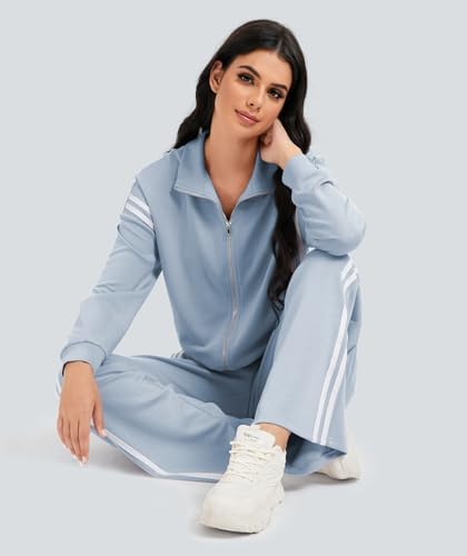 Women's 2 Piece Lounge Outfits Zip Up Sweat Set Contrast Striped Wide Leg Jogging Pants Travel Track Suit - Image 6