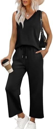 WIHOLL Two Piece Set for Women Summer Outfits Vacation Trendy Lounge Sets V Neck Matching Sets