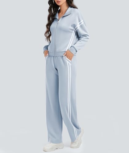Women's 2 Piece Lounge Outfits Zip Up Sweat Set Contrast Striped Wide Leg Jogging Pants Travel Track Suit - Image 2