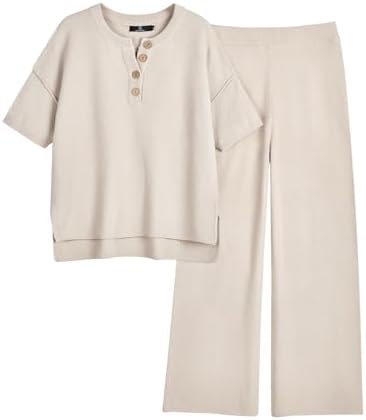 LILLUSORY Lounge Sets for Women 2 Piece Casual Outfits Matching Sets Short Sleeve Cozy knit Tops and Elastic Waisted Pants