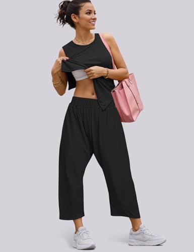 UEU Women's Summer 2 Piece Outfits Casual Sleeveless Crew Neck Tank Top Cropped Harem Pants Matching Travel Beach Lounge Sets - Image 3