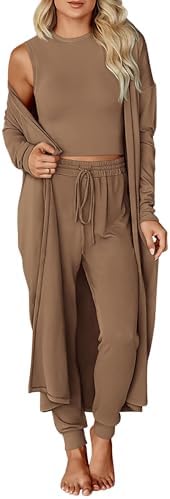 KIRUNDO Women Spring 3 Piece Outfits Casual Fall Long Sleeve Long Cardigan Sleeveless Crop Top Drawstring Pants Lounge Sets