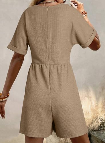 AlvaQ Rompers for Women Solid Color Casual Short Sleeve V Neck Zipper Short Jumpsuits with Pockets - Image 3