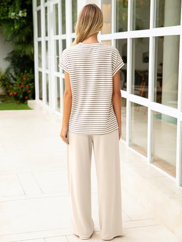 Glamaker Women's 2 Piece Sets Striped Summer Outfits Short Sleeve Shirts Wide Leg Pants Casual Lounge Sweatsuits - Image 4