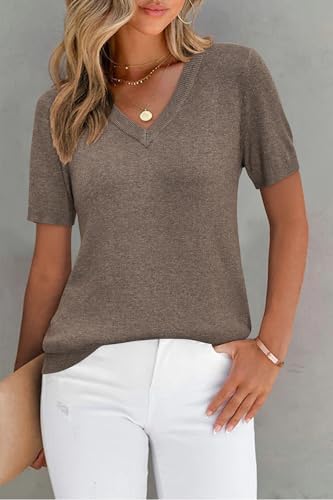 Arach&Cloz 2025 Womens Wool Blend Sweater Soft V Neck Short Sleeve Spring Fashion Pullover Tops Business Casual Outfits - Image 2