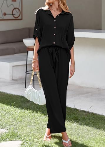 KIRUNDO Two Piece Sets for Women Summer Outfits 2025 Dressy Casual Half Sleeve Button Down Shirt Wide Leg Pants Lounge Set - Image 6
