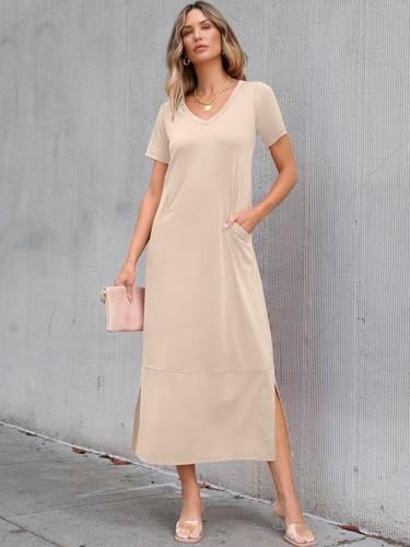 ANRABESS Women's Summer Casual Short Sleeve Long T Shirts Maxi Dresses V Neck Split 2025 Beach Vacation Dress with Pockets - Image 6