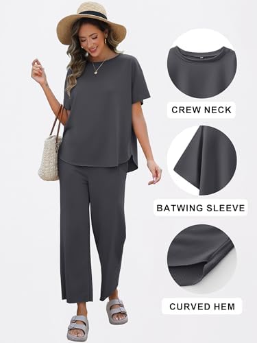 ANRABESS Women's 2 Piece Outfits 3/4 Batwing Sleeve Top Wide Leg Crop Pants Sets 2025 Summer Beach Travel Lounge Set Clothes - Image 6