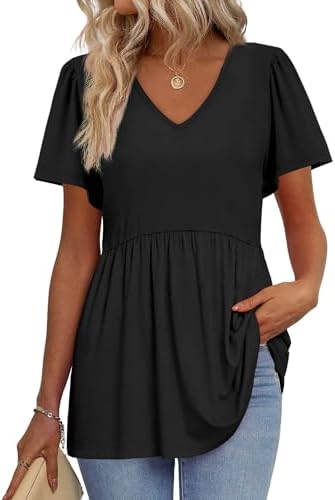 OFEEFAN Womens Summer Tops Babydoll Short Sleeve Shirts Puff Sleeve Peplum Tops V Neck T Shirts