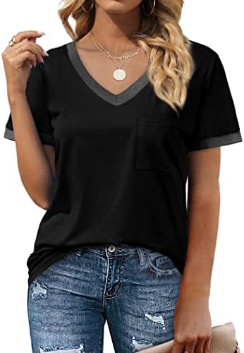 Geifa Womens T Shirts Short Sleeve V Neck Loose Casual Summer Tops with Pocket - Image 2