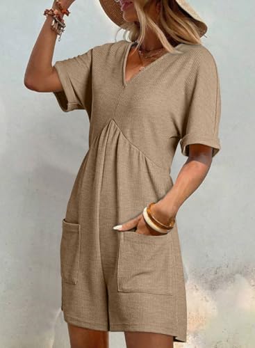 AlvaQ Rompers for Women Solid Color Casual Short Sleeve V Neck Zipper Short Jumpsuits with Pockets - Image 2