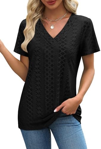 SAMPEEL Womens Summer Tops Trendy 2025 Eyelet Crossed V Neck T Shirts Loose Casual Short Sleeve Tshirts Shirts Fashion - Image 3