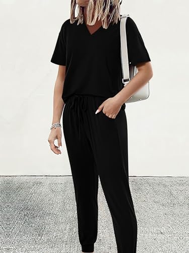 MASCOMODA Womens 2 Piece Outfits Summer Casual V Neck Short Sleeve Tops Long Pants Tracksuit Lounge Jogger Set with Pockets - Image 2