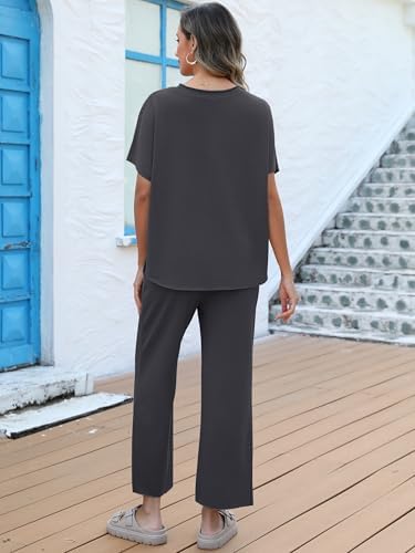 ANRABESS Women's 2 Piece Outfits 3/4 Batwing Sleeve Top Wide Leg Crop Pants Sets 2025 Summer Beach Travel Lounge Set Clothes - Image 5