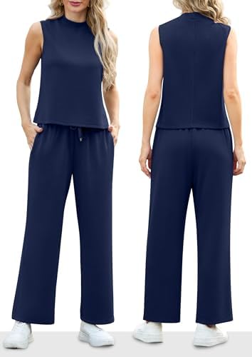 Lepunuo Two Piece Sets for Women Summer Mock Neck Sleeveless Top Wide Leg Pants Lounge Sets Vacation Travel Outfits - Image 4