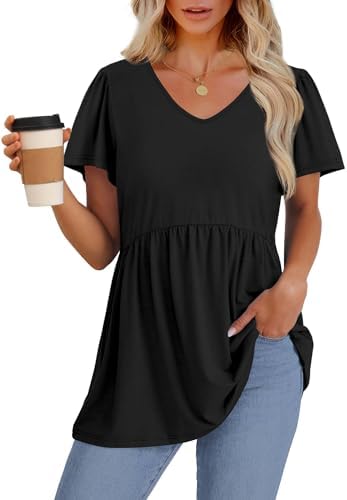 OFEEFAN Womens Summer Tops Babydoll Short Sleeve Shirts Puff Sleeve Peplum Tops V Neck T Shirts - Image 2