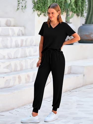 MASCOMODA Womens 2 Piece Outfits Summer Casual V Neck Short Sleeve Tops Long Pants Tracksuit Lounge Jogger Set with Pockets - Image 6