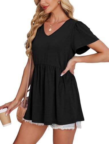 OFEEFAN Womens Summer Tops Babydoll Short Sleeve Shirts Puff Sleeve Peplum Tops V Neck T Shirts - Image 4