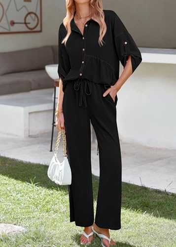 KIRUNDO Two Piece Sets for Women Summer Outfits 2025 Dressy Casual Half Sleeve Button Down Shirt Wide Leg Pants Lounge Set - Image 5