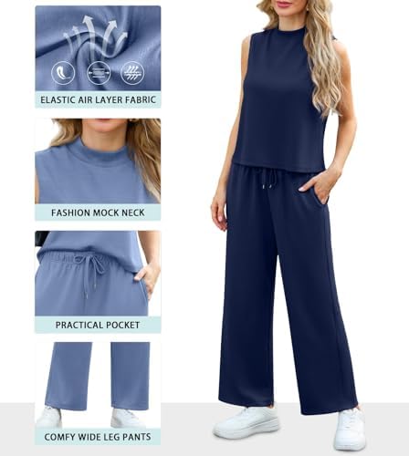 Lepunuo Two Piece Sets for Women Summer Mock Neck Sleeveless Top Wide Leg Pants Lounge Sets Vacation Travel Outfits - Image 2