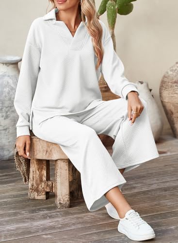 SHEWIN 2 Piece Sets for Women Collared V Neck Long Sleeve Polo Shirts Tops Lounge Set Tracksuits Sweatsuits - Image 2