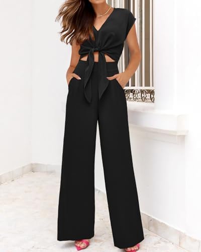 PRETTYGARDEN Women's Summer 2 Piece Outfits 2025 Cap Sleeve V Neck Belted Crop Tops Wide Leg Pant Sets Casual Tracksuit - Image 6