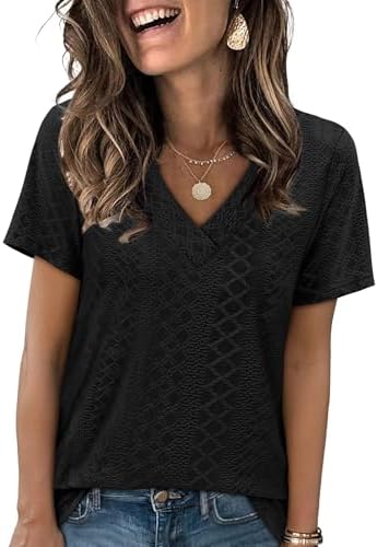 SAMPEEL Womens Summer Tops Trendy 2025 Eyelet Crossed V Neck T Shirts Loose Casual Short Sleeve Tshirts Shirts Fashion
