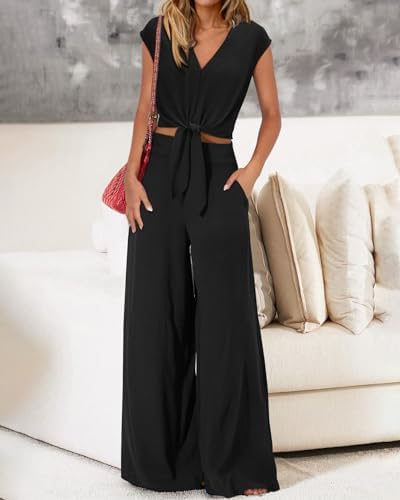 PRETTYGARDEN Women's Summer 2 Piece Outfits 2025 Cap Sleeve V Neck Belted Crop Tops Wide Leg Pant Sets Casual Tracksuit - Image 3