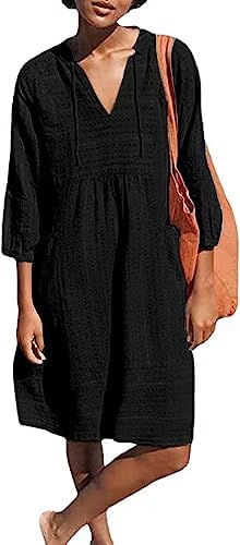 Lafural Womens V Neck Cotton Casual Loose Shift Tunic Smock Summer Dresses Vacation Dress 3/4 Sleeve Pocket